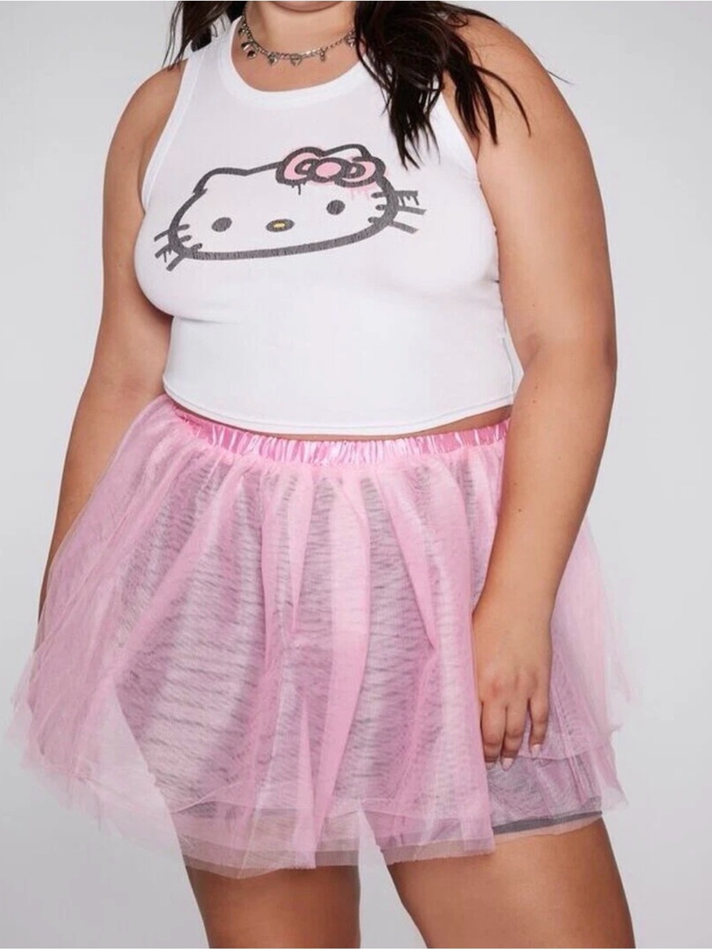 Hello Kitty White Crop Tank and Pink Tulle Skirt Set